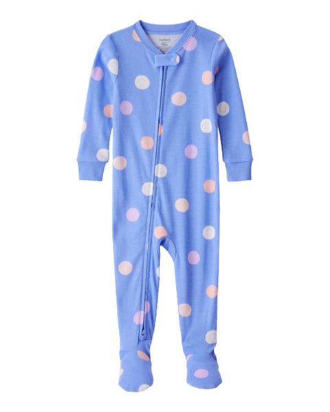 Pijama Carter's de niña, celeste con lunares multicolor, con zipper frontal y pies incorporados.