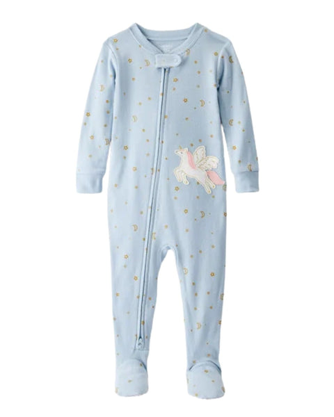 Pijama Carters para niña, celeste con estampado de unicornio, estrellas y lunas doradas.