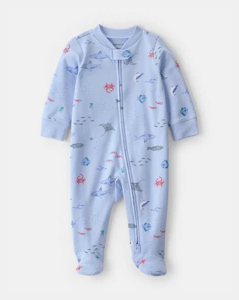 Pijama de algodón Carter's azul claro para bebé con estampado de animales marinos y pies cubiertos.