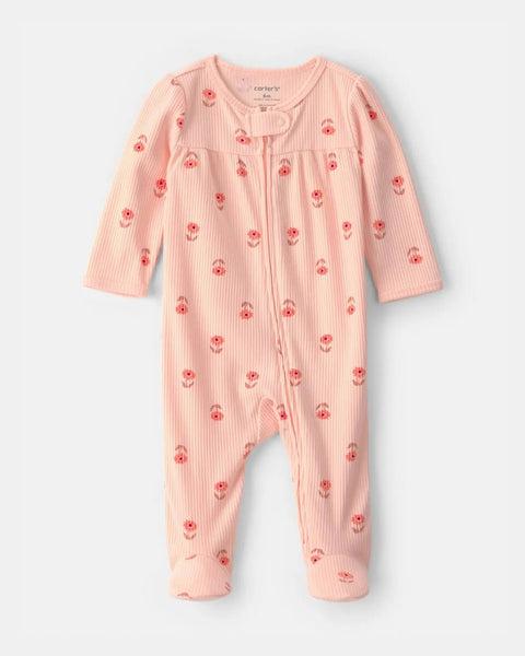 Pijama de algodón Carter's rosa acanalada con estampado floral para bebé niña, cierre de cremallera y pies.