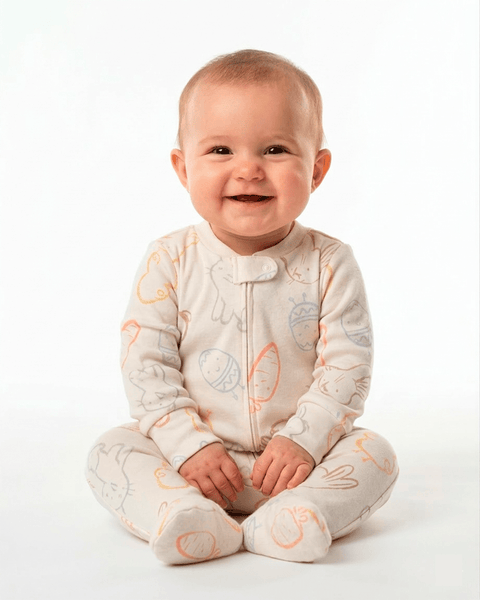 Bebé feliz sonriendo usando pijama enterizo Carter's de algodón con conejitos de Pascua.