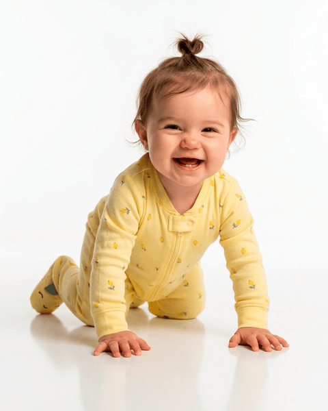 Bebé niña sonriente gateando con pijama entero amarillo Carter's de algodón y limones.