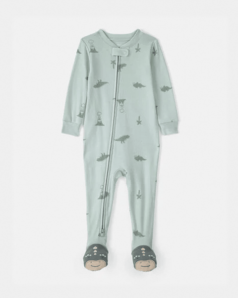 Pijama de algodón Carter's para bebé, verde claro con estampado de dinosaurios y pies de animalito.