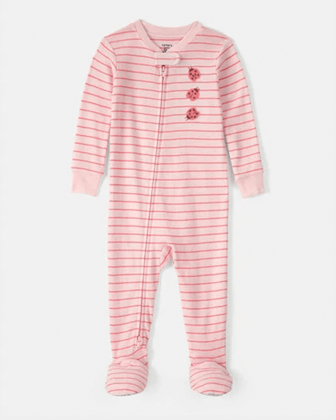 Pijama enteriza Carter's de algodón rosa con rayas y mariquitas para bebé niña, vista frontal