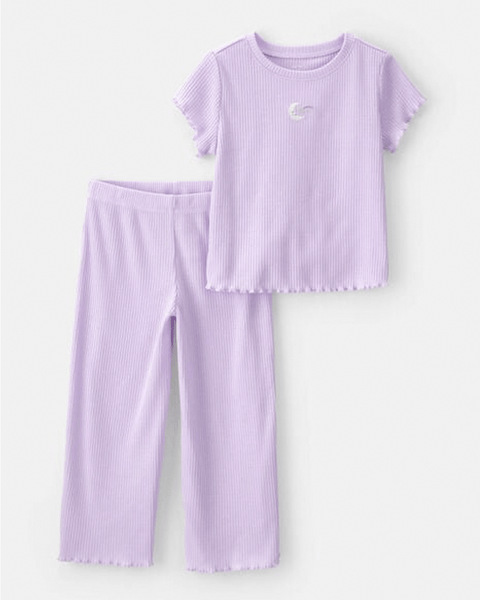 Pijama de 2 piezas Carter's para niña, color lila acanalado con blusa y pantalón suelto.