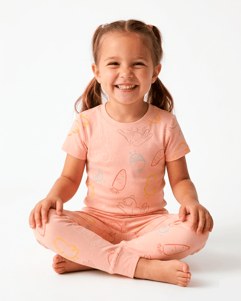 Niña feliz usando pijama Carters rosa con diseño de conejitos y zanahorias para dulces sueños.