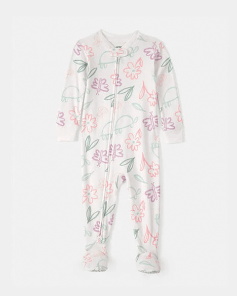 Pijama enteriza blanca de algodón Carter's para niña con estampado de flores, tortugas y mariposas.