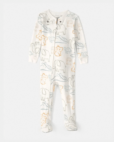 Pijama de algodón blanca estampada con elefantes, monos y tortugas para bebé.