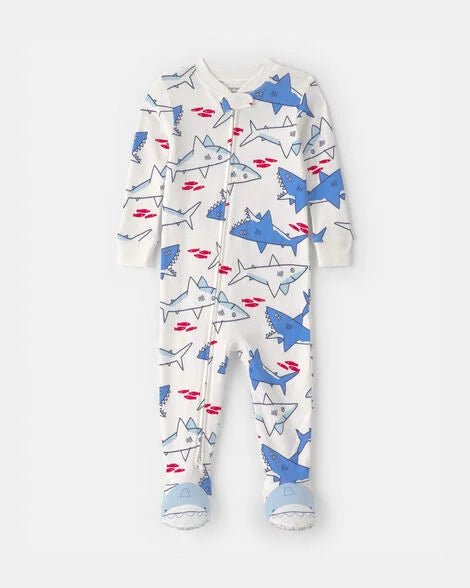 Pijama enterizo Carter's de algodón para niño con estampado de tiburones azules y blancos.