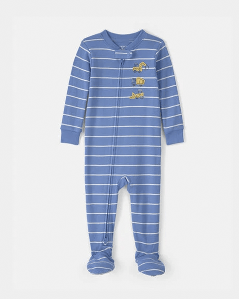 Pijama enteriza de algodón Carter's para niño, azul con rayas blancas y vehículos de construcción.