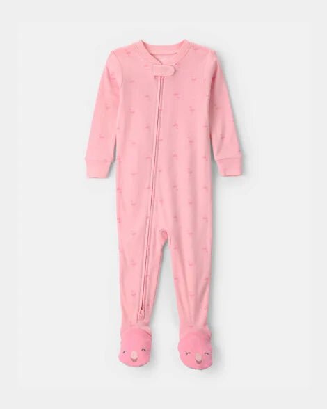 Pijama enteriza Carter's de algodón rosa para niña, con pies de animalito y estampado de flamingos.