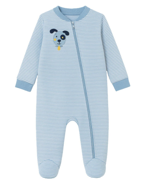 Pijama de algodón azul rayas blancas para bebé, con diseño de perro bordado, zipper y pies incorporados.