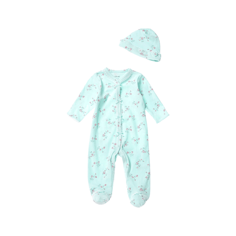 Pijama bebé Little Me floral menta con pies y gorrito a juego para niña.