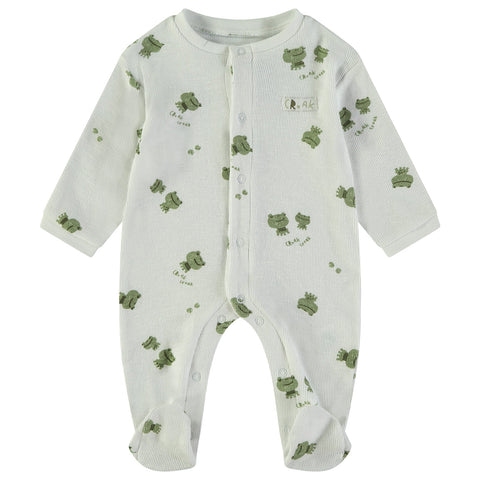 Pijama onesie de bebé Babybol blanca con estampado de ranitas verdes y "Croak croak", con cierre de