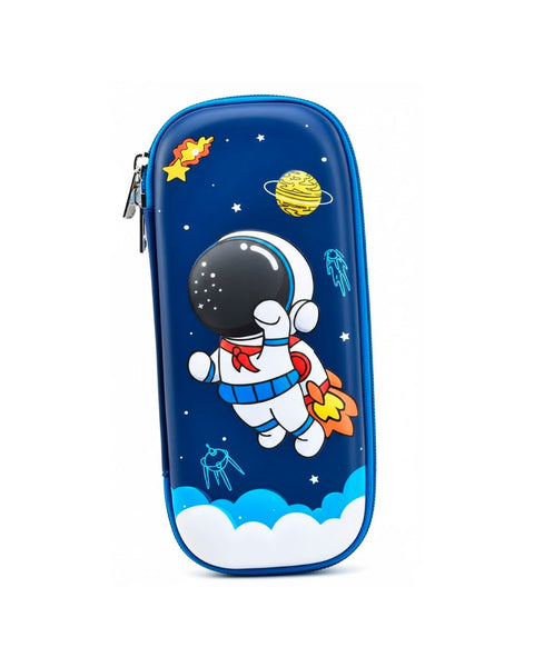 Portalápices azul Wolfy para niños con diseño de astronauta, planetas y estrellas en el espacio.