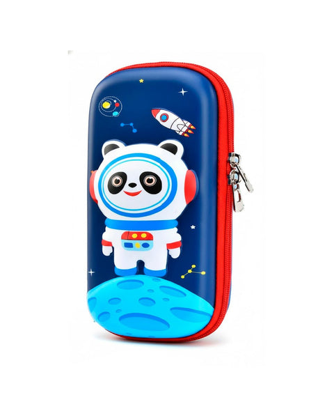 Portalápices azul Wolfy con panda astronauta, estuche escolar para niños en Guatemala.