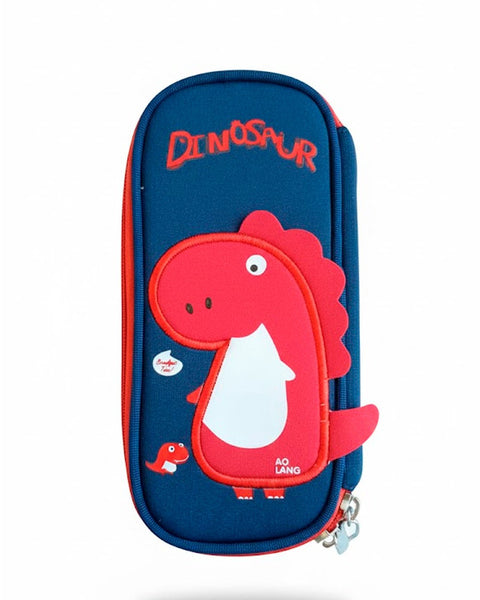 Portalápices Wolfy azul con dinosaurio rojo, ideal para niños en la escuela de Guatemala.