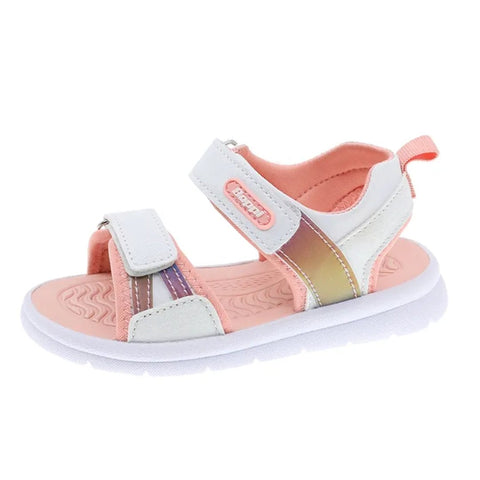 Sandalia Beppi de velcro para niña, color blanco y rosa iridiscente, suela ultraligera para comodidad.