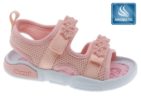 Beppi Sandalia niña rosada con flores, velcro ajustable, tela transpirable y suela aromática.