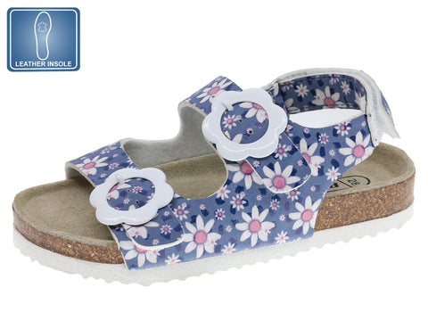 Sandalia bio floral azul Beppi con velcro blanco, plantilla de piel y suela ligera para niña.