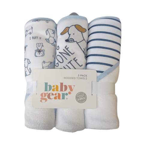 Set de 3 toallas de baño con capucha Baby Gear, diseño de perros para niño, celeste.