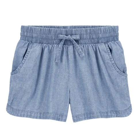 Short Carters de mezclilla azul claro para niña, con cintura elástica y lazo decorativo, bolsillos y dobladillo