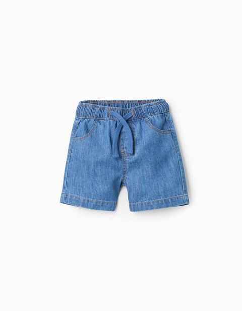 Shorts de mezclilla azul claro Zippy para bebé, cintura elástica y cordón ajustable, vista frontal