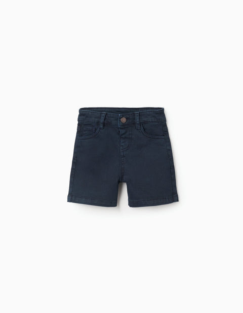 Short de twill azul oscuro Zippy para bebé, vista frontal, con botón de cierre y bolsillos