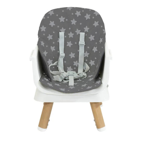 Asiento de silla Prinsel 5 en 1 con arnés de seguridad de 5 puntos y patrón de estrellas gris.