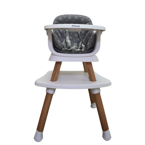 Silla para bebé Prinsel 5 en 1, frontal con asiento de estrellas gris y bandeja blanca.