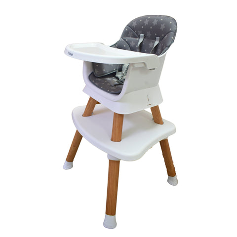 Silla alta Prinsel 5 en 1 para bebé, estrellas gris, patas de madera, vista diagonal.