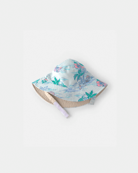 Sombrero de playa reversible Carter's para bebé, lado estampado tropical y beige liso.