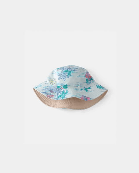 Sombrero de playa reversible para niño Carter's, estampado tropical azul y reverso beige liso.