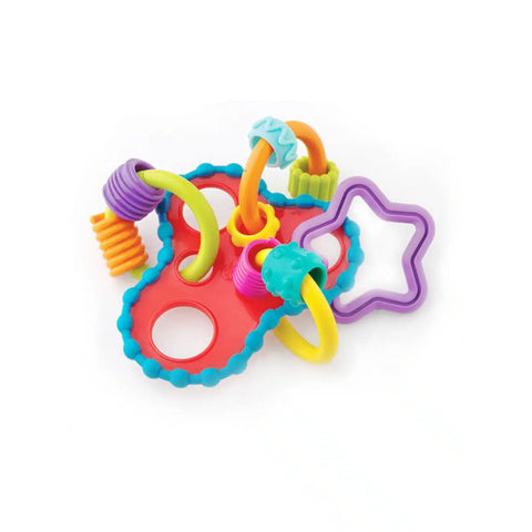 Sonajero mordedor Playgro multicolor con formas de estrella y aros texturizados para el desarrollo sensorial del bebé.