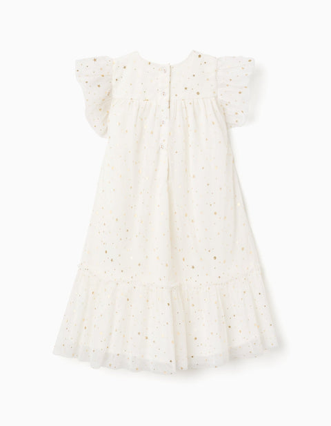 Vestido blanco plisado Zippy para niña con estrellas doradas y volantes, vista trasera.