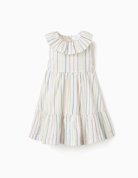 Vestido Zippy de rayas multicolor blanco para niña, vista frontal con cuello rizado y falda