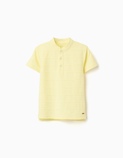 Polo jacquard amarillo Zippy para niño, manga corta, cuello mandarín, vista frontal.