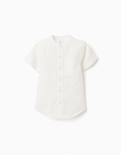 Camisa de lino blanca de manga corta para bebé niño Zippy, vista frontal completa.
