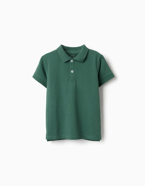 Polo Zippy de piqué verde oscuro para niño, con manga corta y botones blancos en la solapa.