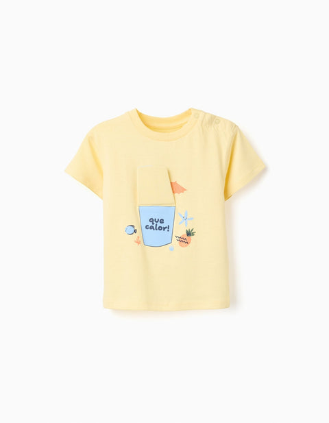 Playera Zippy para bebé, amarillo claro, estampado '¡qué calor!' con balde 3D y broches en hombro.