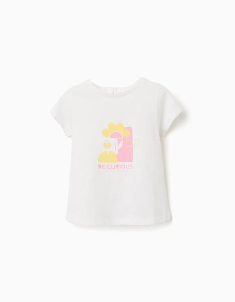 Camiseta de algodón blanca Zippy para bebé niña con estampado 'Be Curious' en amarillo y rosa