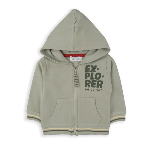 Sudadero MYB Explorer kaki de algodón para niño, con capucha, zipper y diseño temático.