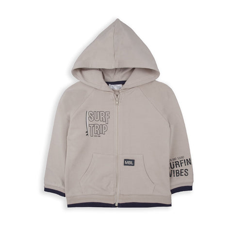 Sudadero con capucha Baby Bol MYB para niño gris claro, zipper frontal y diseño 'Surf Trip'.