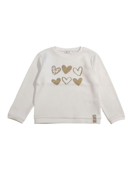 Sudadero Baby Bol blanco para niña con diseño de corazones dorados brillantes.