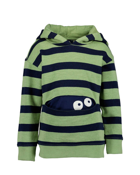 Sudadero Blue Seven de niño rayado verde y azul, con capucha y ojos asomando del bolsillo.