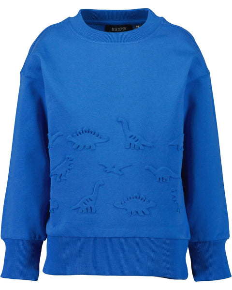 Sudadero azul Blue Seven para niño con dinosaurios en relieve, vista frontal, manga larga.