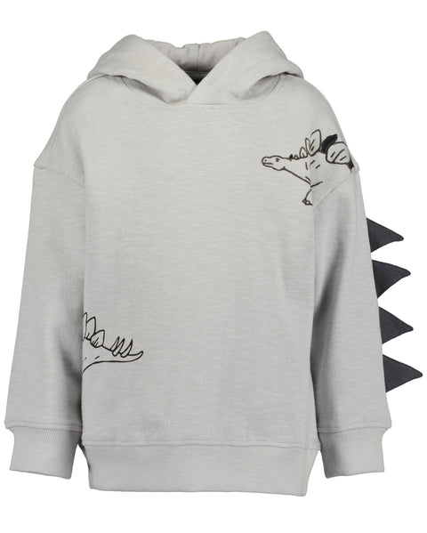 Sudadero gris Blue Seven para niño con diseño de dinosaurio Stegosaurus y púas en el hombro, vista frontal.