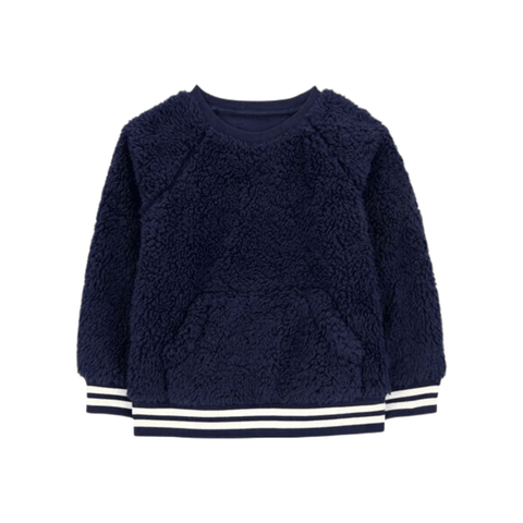 Sudadero Carters de sherpa azul marino para niño, con rayas blancas y bolsillo canguro. Ideal invierno.