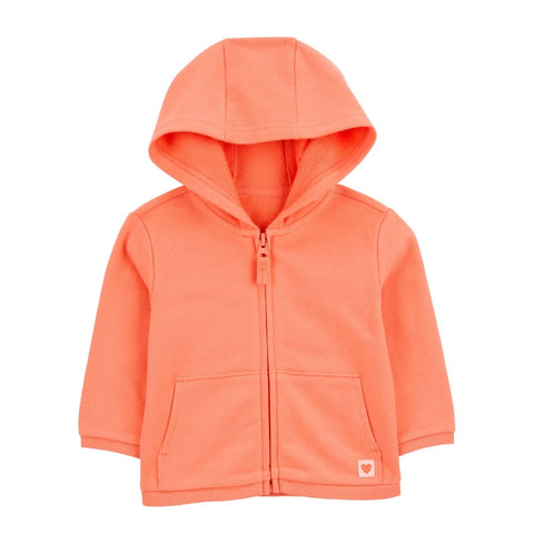 Sudadero Carters Naranja para niña con capucha, zipper y bolsillo canguro. Suave french terry.