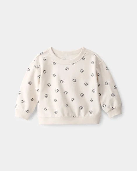 Sudadero de bebé Carter's color crema con estampado de pelotas de fútbol, ideal para niños.